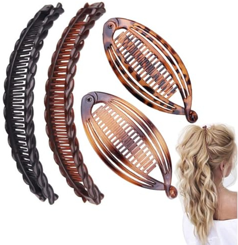 Paquete de 4 pinzas para el cabello estilo plátano vintage, pinzas para cola de pez, pinzas para el cabello largas clásicas para mujer, accesorios para el cabello con cola de pez rizada y gruesa