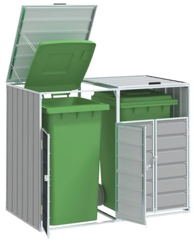qohoio Wheelie Bin Storage for Double Bins Grey 144x81x113 cm Steel-Garden Wheelie Bin Hideaway Waste Bin,Storage Shed w/Locking Doors Assisted lift up Lid easy use Outdoor Hygienic Dustbin Unit Cover