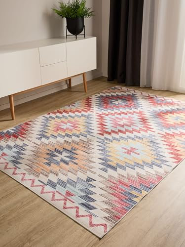benuta Basic Waschbarer Teppich George - Multicolor/Beige 240x340 cm - Kunstfaser - Rechteckig & im Style: Kelim, Ethno-Style, Shabby Chic - Pflegeleicht für Wohnzimmer Schlafzimmer