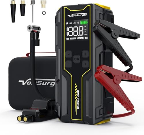 VoltSurge Car Battery Jump Starter with Air Compressor, 5000A (pour Tous Les véhicules à Essence et Diesel de 10) - Démarreur de Voiture Portable avec gonfleur 150 PSI et Grand Affichage