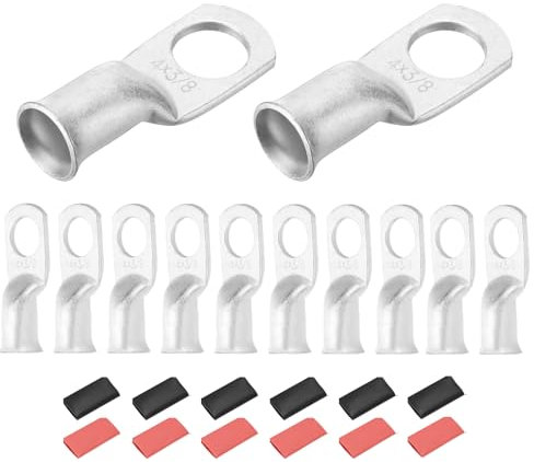 DMiotech 12 Pcs 4 AWG - 3/8 Tinned Copper Cable Lugs, Battery Cable Ends, Heavy Duty Copper Wire Lugs with 12pcs Heat Shrink Tubing for Electrical Projects, Silver