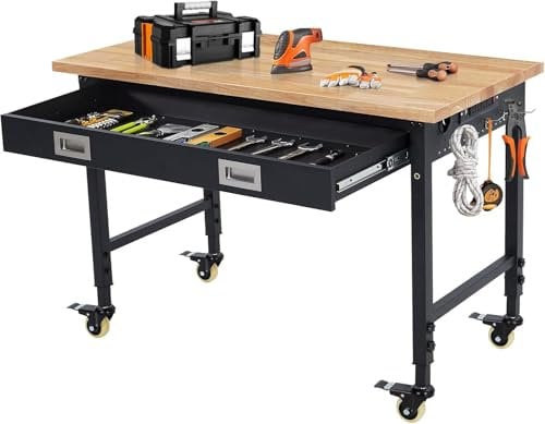 Workbench Adjustable Height 48x24 (122x51cm) Worktable, Heavy Duty Rubber Wood Top Workbench with Drawer Storage, 2000 Lbs Load Capacity, Mobile Tool Storage Workstation with Power Outlets