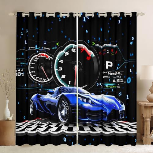 Homemissing Race Auto Fenstervorhang 137x117cm Blau Race Sports Auto Blickdichte Vorhänge für Jungen Mädchen Racing Auto Vorhänge Speed Sports Auto Gardinen Dekorative