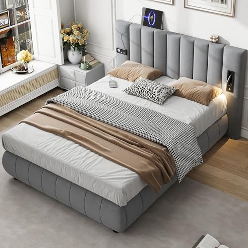 Oyemige Upholstered Bed Frame 135x190 cm with lighting, 4ft6 Double Bed with 3 Type A +1 Type C Ports Headboard, Underbed Bracket with slatted frame, For Bedroom, Gray, Velvet+Iron, No Mattress