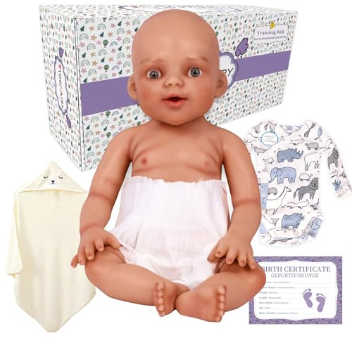 YEEFAIRY Realistische Silikon Reborn Babypuppe 43cm 2,85kg Lebensechte Neugeborene Junge mit Geöffneten Augen (kein Vinyl) Baby Boy Emotionspuppe für Paare mit Unerfülltem Kinderwunsch, Bräune