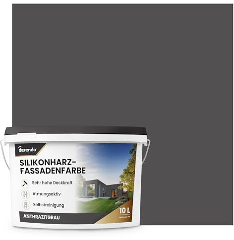 derendo Premium Silikonharz Fassadenfarbe Wetterschutz Abperleffekt wie beim Lotus Blatt, inkl. Schutz vor Verunreinigungen durch hochwertige Silikonharz-Beschichtung (Anthrazit, 5l (1er Pack))