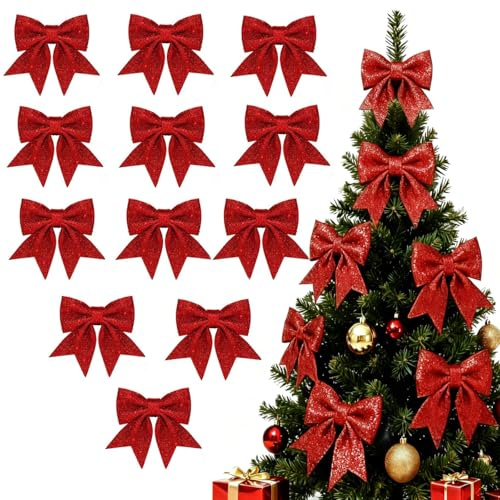 12 PCS Lazos Navidad con Purpurina, Lazo Decoración Arbol Navidad, para Usar en Coronas Decorativas, Fiestas Navideñas y Bodas