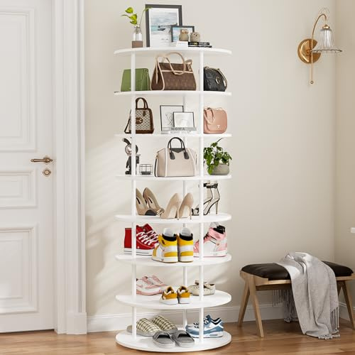 OCTORO 360° Drehbares Schuhregal, 7-Stufen-Drehständer Hüte & Taschen, Rundes Aufbewahrungsregal, Platzsparend, Lazy-Susans-Ausstellungregal für Wohnzimmer und Schlafzimmer, Weiß