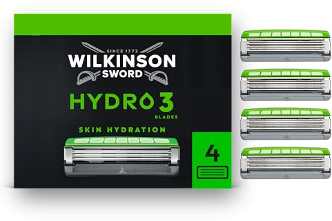 Wilkinson Sword Hydro 3 Rasierer-Ersatzklingen, 4er-Pack | Herren-Rasierer, 3 Klingen, Carbon-beschichtet, doppelte Schmierung, feuchtigkeitsspendende Gel-Formel, 4 Stück