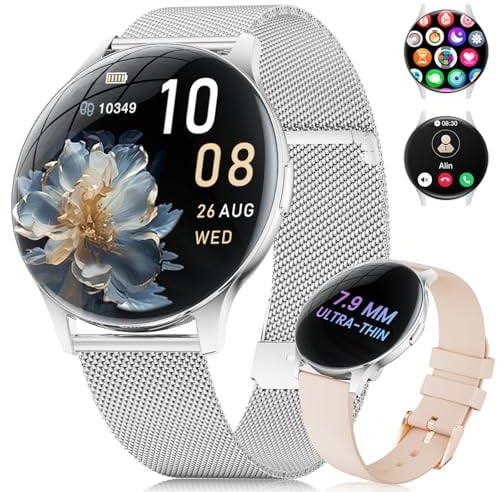 2026 Smartwatch Damen mit Telefonfunktion, 1,43'' Amoled Touchscreen Sportuhr mit 120+ Sportmodi/Schrittzähler, 24/7 Herzfrequenz/SpO2/Schlafmonitor,IP68 Wasserdicht Fitnessuhr für Android iOS,Silber