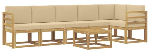 vidaXL Outdoor-Sofagarnitur mit Kissen 7 pcs Weiß und Beige Polyester, Modernes Garten-Sofa Set, wetterfestes Möbel, Sektional für die Terrasse, Akazienholz, Entspannung im Freien