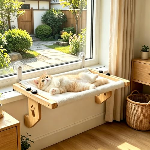 Katzen Fensterliege, Katzen Hängematte mit 10 kg Tragkraft, EIN Stabiler, Langlebiger Holzrahmen und Weiche, Warme Plüschkissen für Bettkanten und Fensterbänke 50 x 38 x 16.5 cm