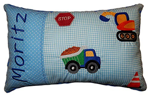Momelie Blaues Schmusekissen * Kuschelkissen * Baustelle * mit Namen Bestickt * ca. 25 * 40 cm groß * SK-bl_0057