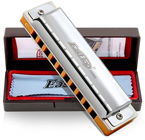East top Blues Diatonic Harmonica C Key, 10 Holes 20 Tones Mouth Organ, Top Grade harmonica for Adults, Professionals, Beginner and Students