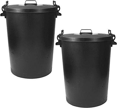 CrazyGadget Large Black Plastic Dustbin Garden Storage Unit Bin Clip On Locking Lid Heavy Duty - for Rubbish Waste Animal Feed etc. - SET OF 2 (110L)