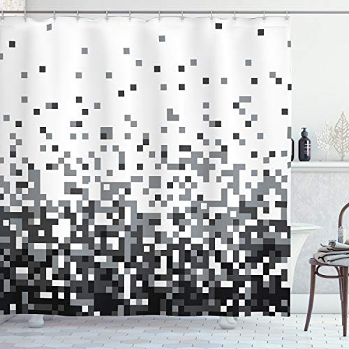 ABAKUHAUS Geometrisch Duschvorhang, Squares Graustufen, Stoffliches Gewebe Badezimmerdekorationsset mit Haken, 175 x 200 cm, Grau Dunkelgrau Weiß
