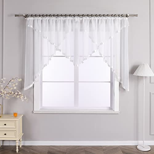 Joyswahl Scheibengardine Voile Bistrogardinen mit Satinband Raffrollo mit Kräuselband Kuvertstore HxB 145x300cm Weiß 1er Pack