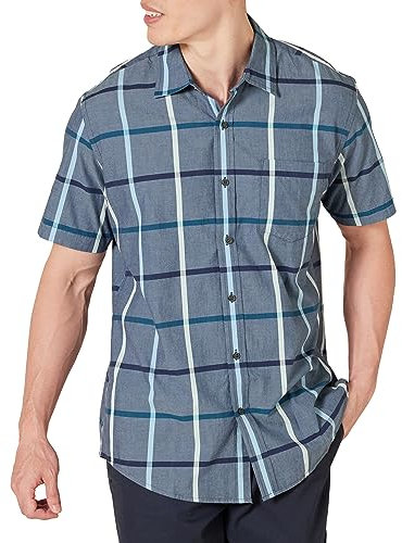 Amazon Essentials Men's Regular-Fit Short-Sleeve Poplin Shirt, Denim Large Plaid, M