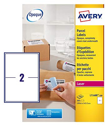 Avery L7168B Printable, Customisable Parcel, Postage, mailing Labels for Laser Printers, 2 Labels Per A4 Sheet, 100 Sheet per Pack, BlockOut