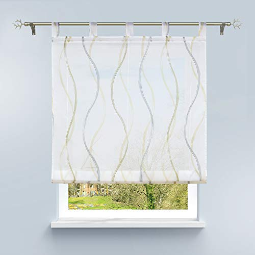 HongYa Raffrollo mit Schlaufen Transparentes Bändchenrollo Voile Gardine Küche Kleinfenster Vorhang mit Wellen Druck H/B 150/120 cm Bunt Sand