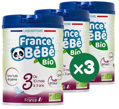 FRANCE BéBé BIO - Lait infantile de croissance bébé 3ème âge en poudre - Lait fabriqué en France - 13 Vitamines 12 Minéraux - Pack 3 boîtes de 800g