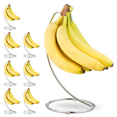Relaxdays Support bananes avec pied rond, lot de 8, crochet bananes, porte fruits, bananes, raisins, en fer chromé, argenté