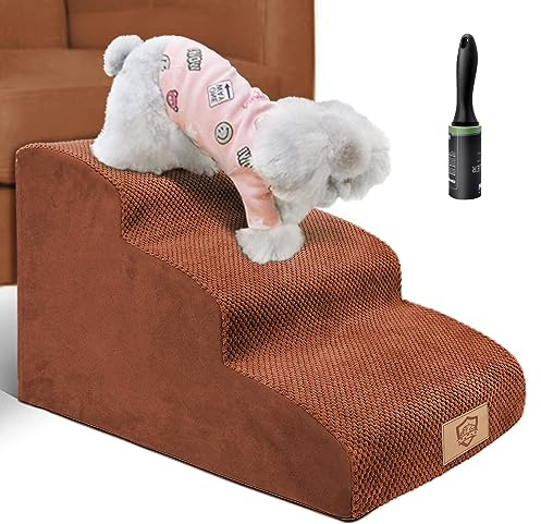 Masthome Dog Steps for Bed Sofa, 3-Step Dog Stairs with Washable Cover, Non-slip High Density Foam Dog Ladder for Small Dogs Cats, 57 x 40 x 40cm