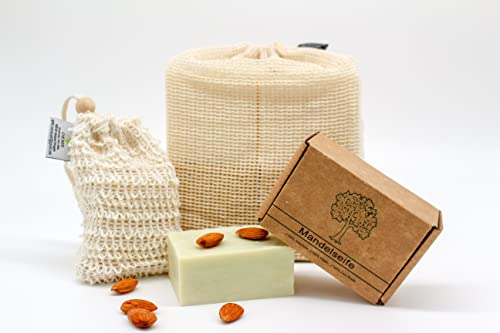 PAOS Mandelseife inkl. Sisal Seifensäckchen + gratis Reisebeutel, Pflegeseife, Haarseife, Naturseife, Vegan, Handgemacht, ca. 140g, Keine Chemikalien, Mandelöl empfohlen bei trockener Haut und Haar