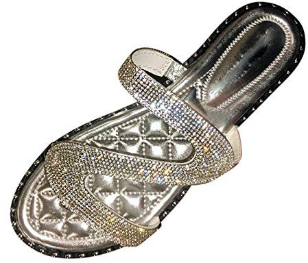 Julhold Sandalen Offen Strandschuhe Hauschuhe Leicht Badelatschen Bequeme Damen Flaches Set Im Römischen Stil Mit Atmungsaktiven Flach Zehentrenner Mit Strass Sandalen-Damenschuhen(Silber,38)