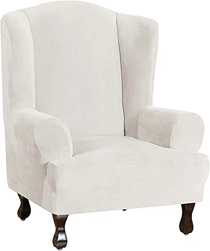 XDKS 1-teiliger Ohrensessel Bezug Samtplüsch Hochelastische Schonbezüge Für Ohrensessel, rutschfeste Ohrensesselbezug Mit Elastischem Boden, rutschfeste Schaumstoffe Hinzugefügt (Off White)