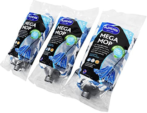 Addis Mega 100% Microfibre Mop Replacement Refill Heads, Super Soft Highly Absorbent Knitted Technology, Pack of 3, White, 5131903AMP, Blue & Metallic, Triple Pack