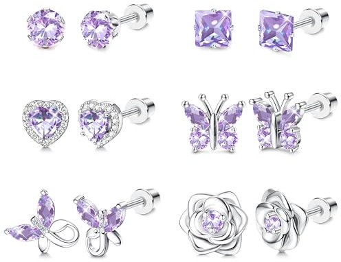 Thunaraz Lot de 6 paires de boucles d'oreilles à vis pour filles de 12 mois, pierre de naissance papillon, fleur, cœur, boucles d'oreilles à tige pour cadeau d'anniversaire, métal, oxyde de zirconium,