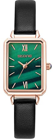 JewelryWe Damenuhr Quarz Analog Armbanduhr Grün Rechteckiges Zifferblatt Uhr mit Schwarz Schmal Leder Armband für Frauen Mädchen Muttertagsgeschenk