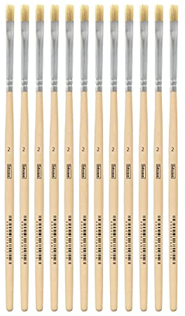 Idena 90093 - Borstenpinsel, Größe 2, mit unlackiertem Holzstiel, 12er Set, Malpinsel für Schulkinder Hobbykünstler