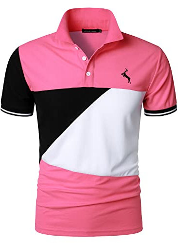 HOOD CREW Polo de moda para hombre Camisetas de manga corta con cuello en bloque de color Polos de golf deportivos, Rosa Y Blanco, XL
