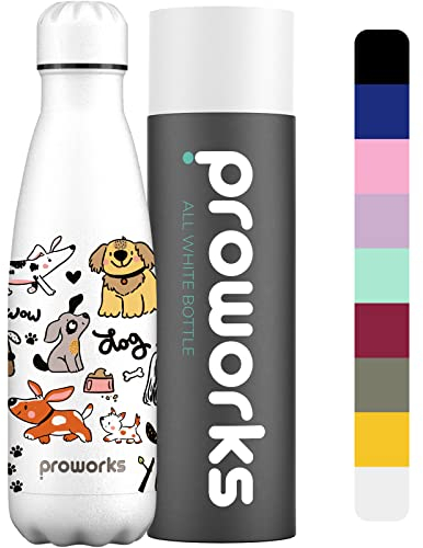 PROWORKS Bouteille d'eau Isotherme, sans BPA, Gourde INOX Reutilisable pour Maintien Chaud de 12 Heures & du Froid Jusqu’à 24 Heures, Sport, Gym, Voyage 1L - Tout Blanc - Fête de Chien