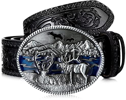 Photect Western-Lederschnalle, Gürtel, Cowboy, Hirschschnalle, Gürtel, Wildtiere, Elchschnalle, Gürtel, Blumenmuster, Cowboy-Gürtel für Männer, Schwarz