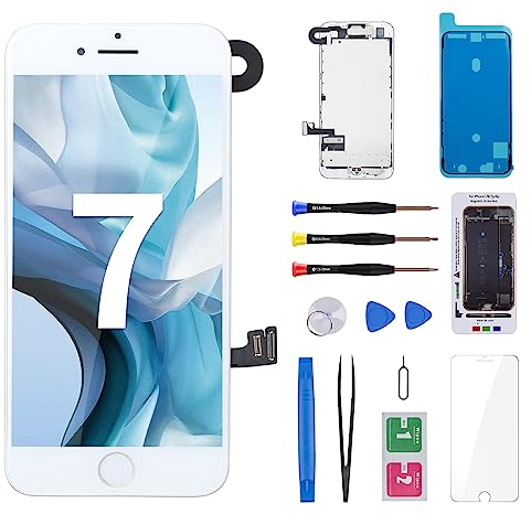 Für iPhone 7 Bildschirm Ersatz Weiß mit Home-Taste 4,7 Zoll 3D Touch LCD Display Digitizer Vollmontage mit Frontkamera Ohrlautsprecher Frontglas Fix Tools Reparaturset für Modell A1660, A1778, A1779