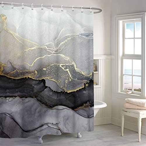 MIRRORANG Schwarzer weißer Marmor Duschvorhang, Luxus Aquarell Textur Mix Farbe Badezimmer Vorhang, Farbverlauf Abstrakte Moderne Tinte Kunst Duschvorhang Set mit 12 Haken,183x183cm