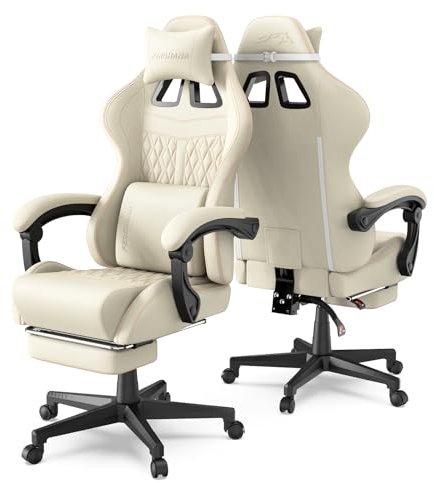 Ferghana Gaming Stuhl,Gepolstert Gaming Chair,Bürostuhl Ergonomisch,Racing Gamer Sessel mit Fußstütze,Verstellbare Lendenkissen,Kopfkissen,PU Leder Computerstuhl Gaming für Erwachsene Jugend(Weiß)