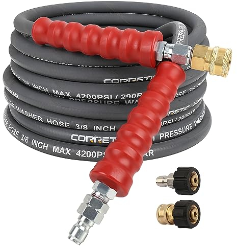 Corretic 3/8 Pressure Washer Hose for Cold and Hot Water, 4200psi Power Washer Hose with Kink Free Swivel Quick Connect, Steel Wire Braided & Synthetic Rubber Jacket, 2 M22 14mm Adapter Set, 25FT