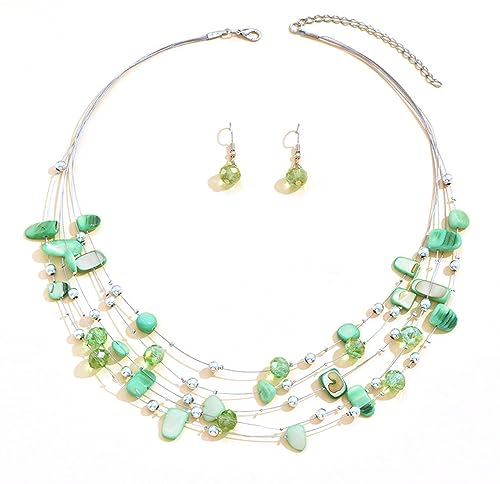 TOFBS Parure Gioielli Donna Set Collana Cristallo di Conchiglie a Strati Bohémien Conchiglie da Spiaggia Colorate e Stratificate Collana Orecchini Set (Verde)