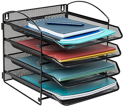 Mind Reader 4-Tier Paper Tray, File Storage, Desktop Organizer, Wall Mountable, File Organization, Metal Mesh, Black
