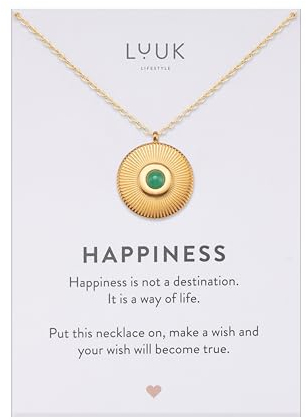LUUK LIFESTYLE Feminine Edelstahl-Halskette mit Coin Anhänger und grüner Stein, schlichtes Modeaccessoire, 50cm, dezenter Abendschmuck, Geschenkidee zum Geburtstag mit HAPPINESS Spruchkarte, Gold