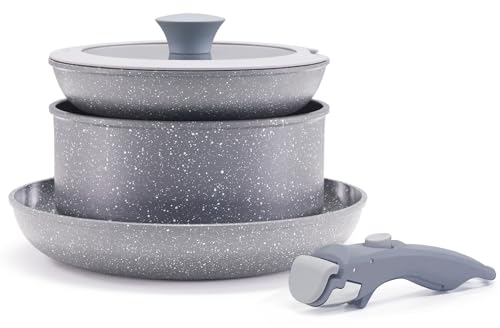 Florosa Juego de ollas y sartenes de cerámica, 5 piezas, 20/26 cm, no tóxico, sartén antiadherente con tapa y asas extraíbles, apta para inducción y horno, libre de PTFE y PFOA, color gris