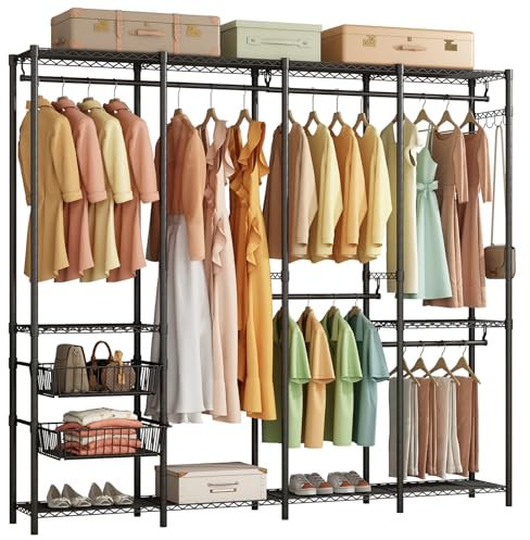 Forthcan Heavy Duty Clothes Rail - Metal Freestanding Portable Wardrobe Closet With 2 Slid Baskets for Hanging Clothing, 192.5 x 45 x 195 cm, Black