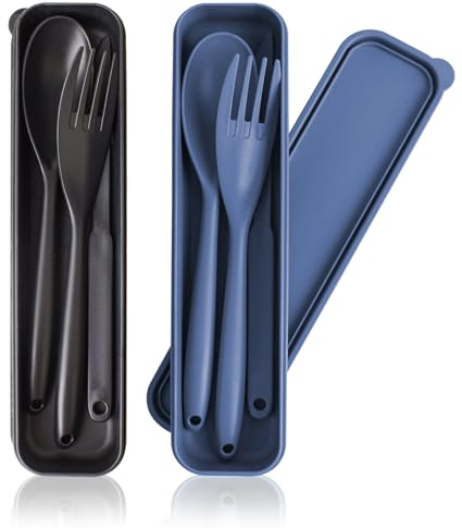 Juego de cubiertos de viaje de plástico con funda, juego de utensilios oscuros reutilizables para niños y adultos, juego de cubiertos portátil para el trabajo, la escuela o uso diario (2, azul oscuro