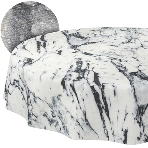 Tischdecke Stoff abwaschbar Tischtuch Tafeldecke pflegeleicht Lotuseffekt schmutz- & wasserabweisend für Indoor Outdoor Tischdecke Rund 140cm Schnittkante Marmor Schwarz