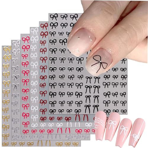 Lilbitty 6 Stück Schleifen Nagelaufkleber, süße Schleife, selbstklebende Nagelkunst Abziehbilder, Bandlinie, Knoten, Schmetterlingsknoten Aufkleber für Nageldesigns, Fliege