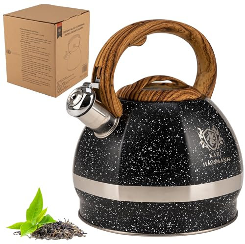 KARL HAUSMANN Wasserkessel Induktion - 3L - Schwarzer Marmor Teekessel mit Automatischer Pfiff - Edelstahl Wasserkocher für Induktionsherd, Gasherd und Elektroherd - Pfeifkessel - Teekanne